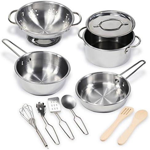 Kidzaro 11 Pcs Pretend Play Kitchen Cookware Set Stainless Steel Pots & Pans Bundle for Kids - Includes Drainer, Utensils & Accessories