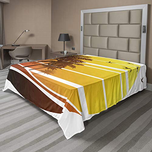 Ambesonne Tropical Flat Sheet, Sunset at Exotic Beach with Palm Trees Birds Summer Vacation Theme Pattern, Soft Comfortable Top Sheet Decorative Bedding 1 Piece, Queen Size, Yellow Coral Brown