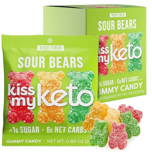 Kiss My Keto Sour Sugar Free Gummy Bears, 8-Pack – Satisfy Cravings while Staying in Ketosis – High Fiber, 6g Net Carbs, Non-GMO, Vegan, & No Gluten – Fruity Sugar Free Gummies