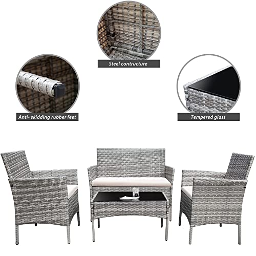 Image of Homall 4 Pieces Outdoor Patio Furniture Sets Rattan Chair Wicker Set,Outdoor Indoor Use Backyard Porch Garden Poolside Balcony Furniture (Grey and Beige)