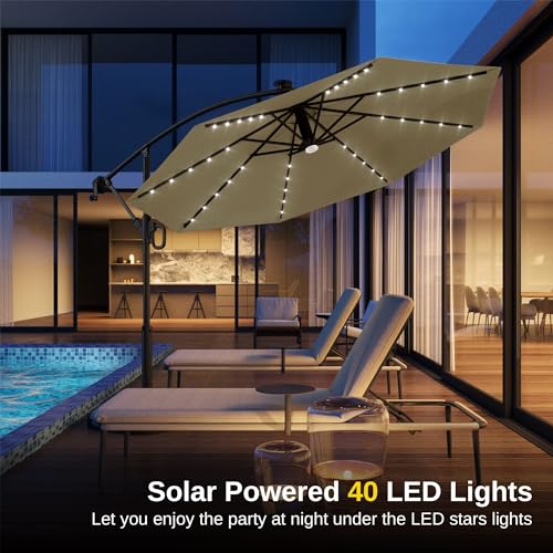 EAST OAK Patio Umbrella, 10 ft Outdoor Offset Umbrella with 8 Ribs, 40 LED Solar Lights and Crank, Aluminum Pole and UPF 50+ Fade Resistant for Garden, Deck and Poolside, Tan