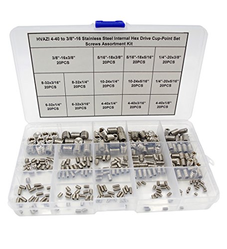 Hvazi 4-40 To 3/8"-16 Stainless Steel Internal Hex Drive Cup-Point Set Screws Assortment Kit #TOP1