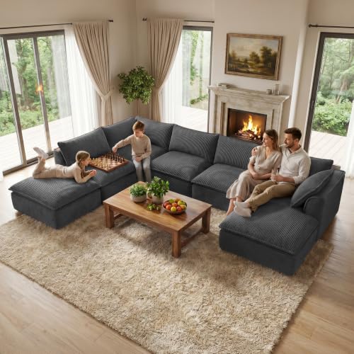 Image of Vesgantti Oversized U Shaped 7 Seater Boneless Couch with Chaise, Black | Modular Sectional Couch with Ottoman, Deep Seat Sofa for Living Room, Pinstripe Corduroy, No Assembly Compressed Large Sofa