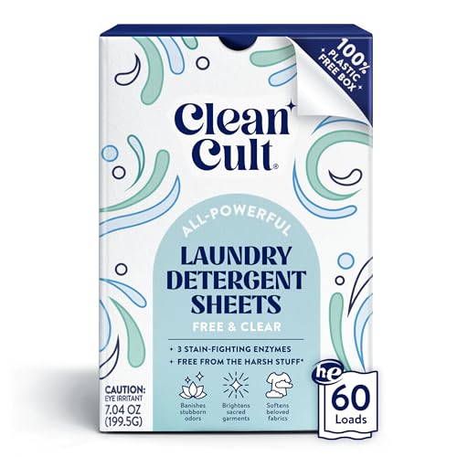 Cleancult Laundry Detergent Sheets - Resealable Box - 3 Stain Fighting Enzymes - Fragrance Free - 60 Loads - Free of Harsh Chemicals - No Mess - No Plastic Waste