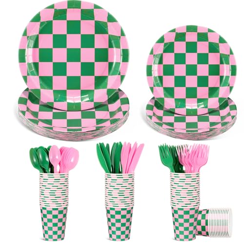 Zhehao 144 Pcs Pink and Green Checkered Party Decor Tableware