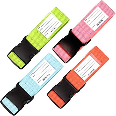 Personalised Luggage Straps for Suitcases (4 Pack Blue Green Orange Pink) OW-Travel Easy to Spot Sturdy Suitcase Straps with Luggage labels.Luggage Strap Travel Belt for Suitcase Bag Baggage.Bag Strap Cover