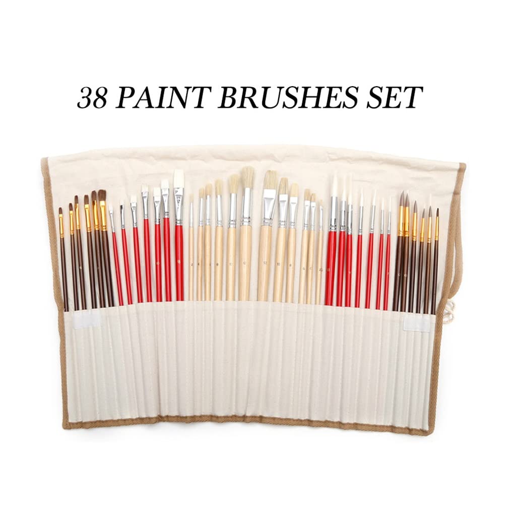 XBTGS Juego de 38 pinceles de pelo sintético natural con estuche de pinceles, suministros de arte, acuarela y pincel de pintura al óleo,