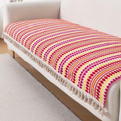 Image of HOKIPO 'Artisan Boho Series' Sofa Cover Mat with Tassel | 450 GSM Cotton Acrylic Jacquard for 3 Seater Sofa, Ruby Red (IN-904-A6*S)