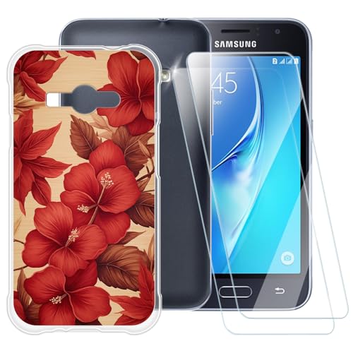 Lot de 2 coques à motif fleurs rouges compatibles avec Samsung Galaxy J1 Ace + [2] protecteur d'écran en verre trempé, coque antichoc pour Samsung Galaxy J1...