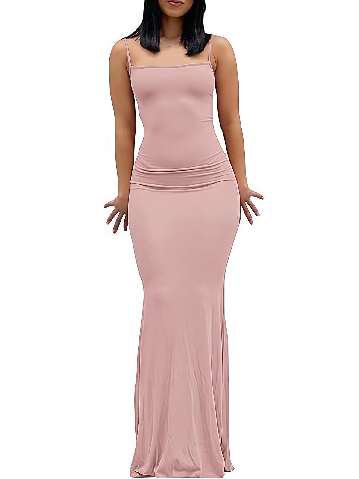 Damen Cami Bodycon Kleid Casual Basic Solid Kleid Spaghetti Strap Maxikleid TikTok Influencer Kleid