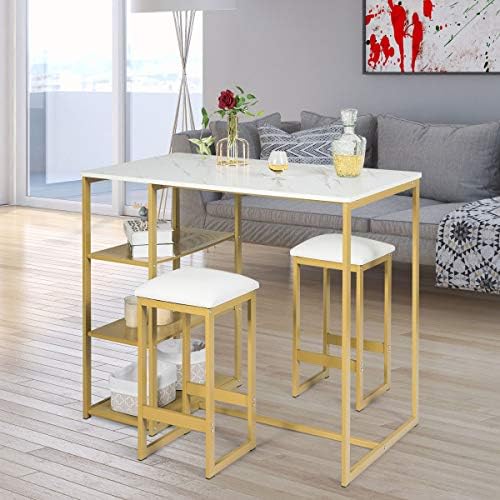 COSTWAY 3 Piece Bar Table Set, Marble Texture Dining Table and 2 PU Stools Set with 3-Tier Side Shelf and Footrest, Metal Frame Counter Height Table Set for Home Kitchen Pub (Gold)