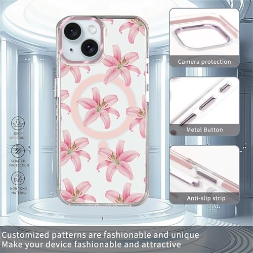 Coque iPhone 15 Plus MagSafe transparente rigide avec motif lys rose