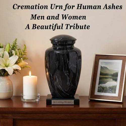 Image of Black Marble Finish Cremation Urn Set for Human Ashes Adult | 6 Piece Funeral Memorial Urns Include 1 Large Urn, 4 Small Sharing Urns & 1 Ashes Necklace for Dad Mom Grandpa Grandma Family