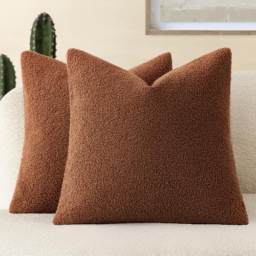 Image of Foindtower Pack of 2, Curly Faux Fur Decorative Throw Pillow Covers Soft Fuzzy Plush Cushion Case with Zipper Cozy Pillowcase for Home Living Room Couch Bed Sofa 22 x 22 Inch,Hazel Brown