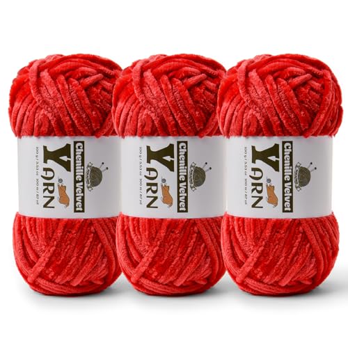 Image of 3 Pack Plush Chenille Chunky Yarn - Fluffy Velvet Yarn Crochet for Blanket Knitting and Crocheting - Soft Baby Yarns for Crocheting - Amigurumi Crochet Yarns 100g (87yds) (3 Red)