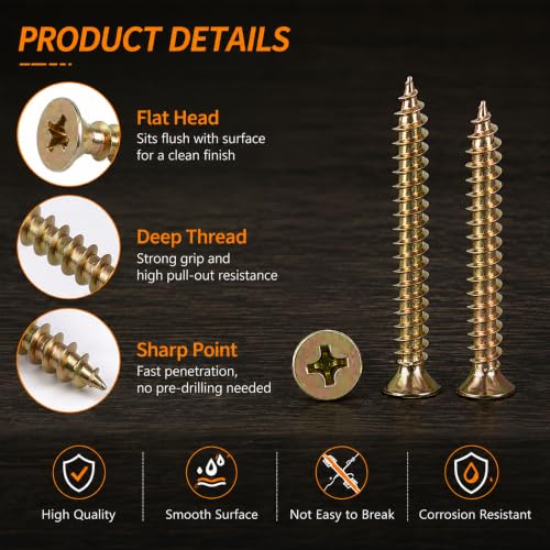 Juego de tornillos para madera M5 x 60mm con cabeza plana Phillips, acero carbono galvanizado en zinc dorado miniatura 4