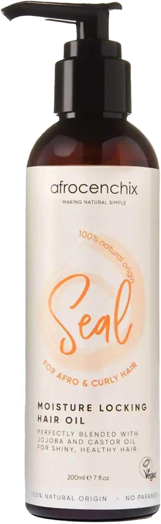 Afrocenchix Seal Hydrating & Moisturising Hair Oil for Dry Damaged Hair with jojoba, coconut & castor oil extracts to Control Frizz, Strengthen, Repair, & Add Shine, Vegan & Sulphate Free, 200 ml