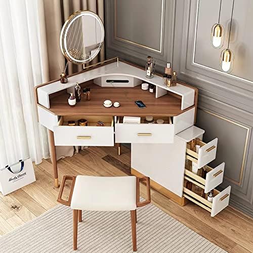 Modern Corner Vanity Table Set with Lighted Mirror, Makeup Vanity Desk with 5 Drawers Women Dresser Table with Cushioned Stool Makeup Vanity Benches for Small Spaces, 3 Color Dimming Mirror, for Girls