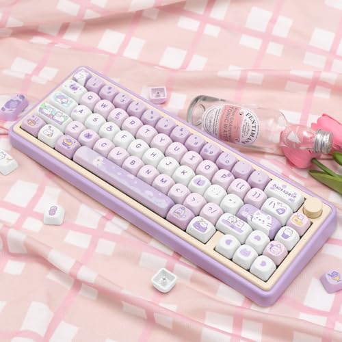 Image of PBT Keycaps, MOA Profile Keycaps 132 Keys Dye Sublimation Purple Cute Cat Customized Keycap Set for ANSI Layout Cherry MX Switches Mechanical Keyboards