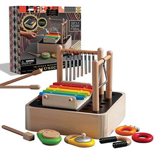 FAO Schwarz 8-in-1 Wooden Modular Music Center, Instrument Kids Toy, Made from Solid Wood, Includes Marimba, Chimes, Triangle, Maraca, Bells, Cymbal, Castanet & More, Children Ages 3+