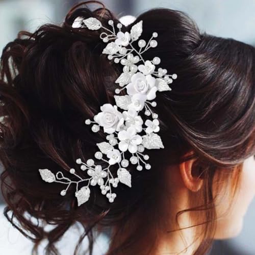 Unicra - Clip per capelli da sposa con decorazione floreale, perla e fiore, accessorio per capelli da sposa, per donne e spose (Argento, Taglia unica)