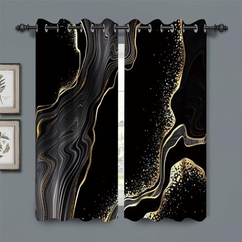 Baocicco Black and Gold Marble Window Curtains for Bedroom - Art Fluid Gold Texture Drapes for Living Room - Modern Luxury Fashion Design Blackout Grommets Curtains 2 Panels 21Wx45H Inch by Baocicco - Used condition - US$21.63