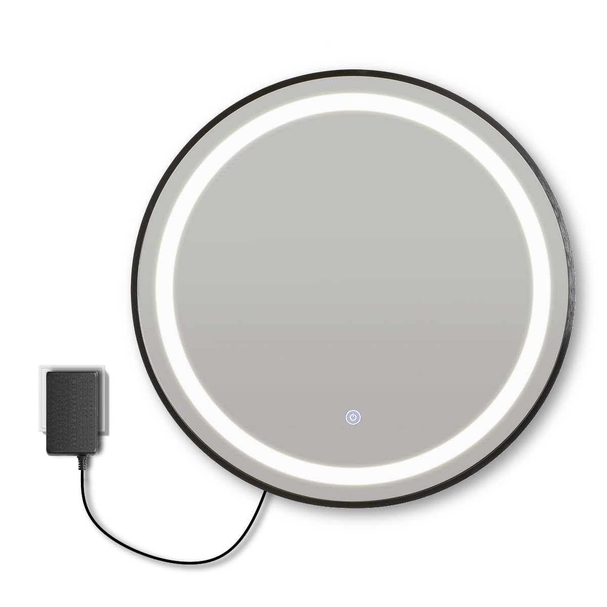 LOLAhome Espejo de Pared Redondo Marco Negro con luz LED Blanca de 60 cm