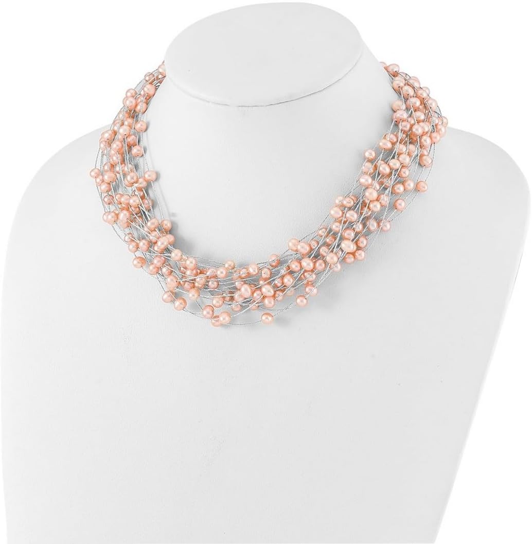 925 Sterling Silver Rhodium Plated 5-5.5mm Pink Fwc Pearl Multi Strand Necklace 18 Inch Strand for Women
