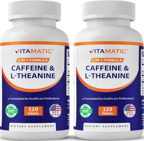 Vitamatic Caffeine Pills with L-Theanine 300 mg Per Tablet 120 Vegetarian Tablets (Pack of 2 Total 240 Tablets)