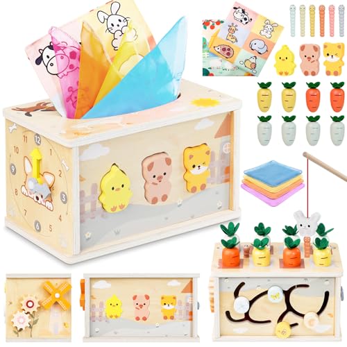 Joozmui Montessori Toys for 1 Year Old 6 in 1 Baby Tissue Box Wooden Baby Toys 1 Year Old Sensory Toddler Toys for 1 2 Year Old Boys Girls 1st Birthday Gifts for Girls Boy