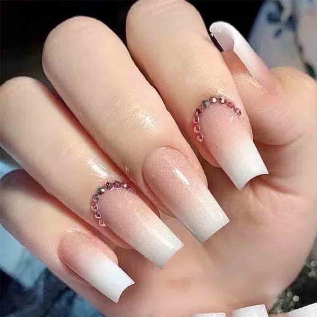 Foccna Square Fake Nails Long Nude Full Cover Press on Nails Acrylic