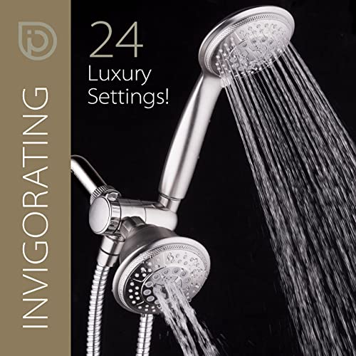 Hydroluxe 1733 Handheld Showerhead & Rain Shower Combo. High Pressure 24 Function 4" Face Dual 2 In 1 Shower Head System With Stainless Steel Hose, Patented 3-Way Water Diverter In Nickel Finish #TOP2