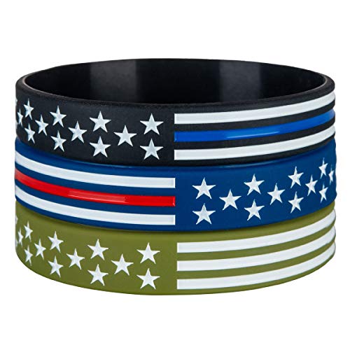 Sainstone American Flag Silicone Bracelets with Thin Blue Line American Flag Black, Red Line American Flag Blue and White Line American Flag Army Green for Patriots, Army, Men, Women2