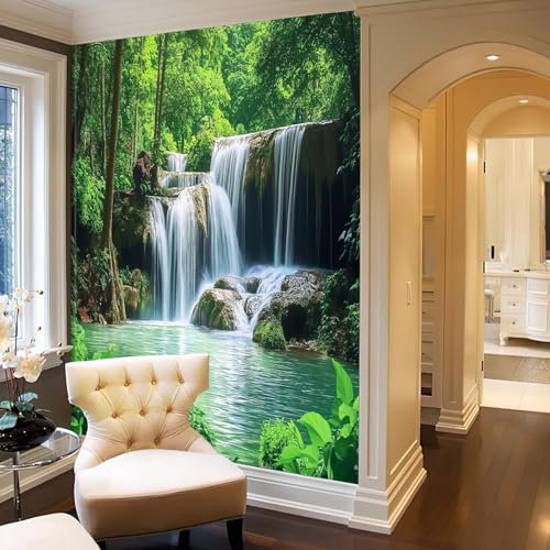 Tapisserie murale photo paysage de forêt avec cascade et lac vert émeraude 300X210cm - 6