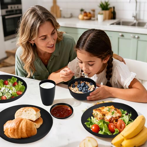 Image of Wheat Straw Dinnerware Sets 16 PCS, Unbreakable Kids Plates and Bowls for 4-9 IN Plates, 26 OZ Cereal Bowls, 2 OZ Dipping Bowl, 12 OZ Cups, Dishwasher & Microwave Safe Plate Set - Black