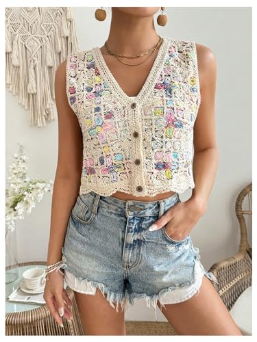 Verdusa Women's Hollow Out Crochet Button Front V Neck Sleeveless Knit Sweater Vest4