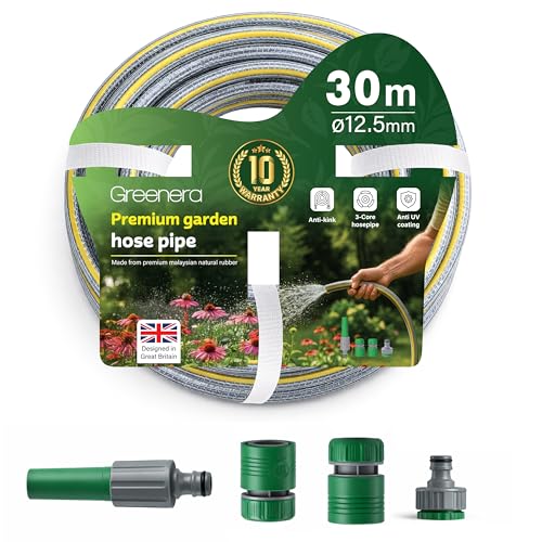 Garden Hose Pipe 12.5mm x 30m Starter Set Including 2 in 1 Faucet Tap Adapter Hose End Quick Connector and Sprayer Re-Enforced PVC Layering Hard-Wearing Hosepipe for Outdoor Garden Car Washing
