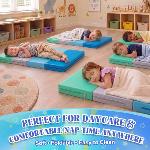 Image of Wesiti 1 Pcs Nap Mats for Preschool 2 Inch Thick 47x24 Folding Rest Mat 4 Section, Sleeping Pad for Kids Children Daycare Nap School Classroom Kindergarten Daycare Travel Home in Green Blue