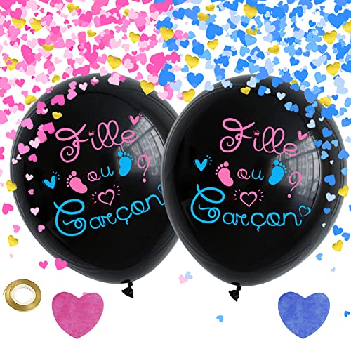 Yontree 2PCS Ballons Gender Reveal en FRANÇAIS, Ballon pour Révéler Sexe du Bébé Fille ou Garcon Ballons 90cm avec Confettis Rose et Bleu pour Gender...