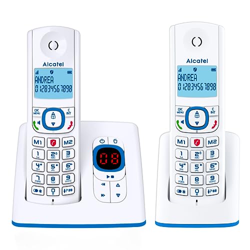 ALCATEL F530 Voice Dúo- Teléfono inalámbrico DECT con contestador automático- Gran pantalla retroiluminada- Manos libres - Bloqueo de llamadas- 2 teclas de memoria directa - 2 terminales - Blanco/Azul