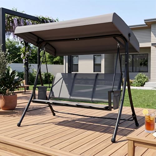 Image of PURPLE LEAF Porch Swing with Adjustable Tilt Canopy 3-Seat Patio Swing with Stand and Metal Steel Frame All-Weather Outdoor Swing Chair Seat for Backyard Garden Deck Balcony (Grey)