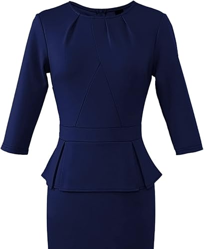 Miniatura 5 de VFSHOW Vestido de tubo plisado con cuello redondo para mujer, para trabajo, negocios, oficina, bodycon