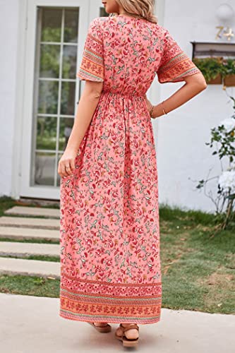 Image of PRETTYGARDEN Women's Casual Summer Boho Floral Print Dress V Neck Short Sleeve High Waist Long Maxi Beach Dresses