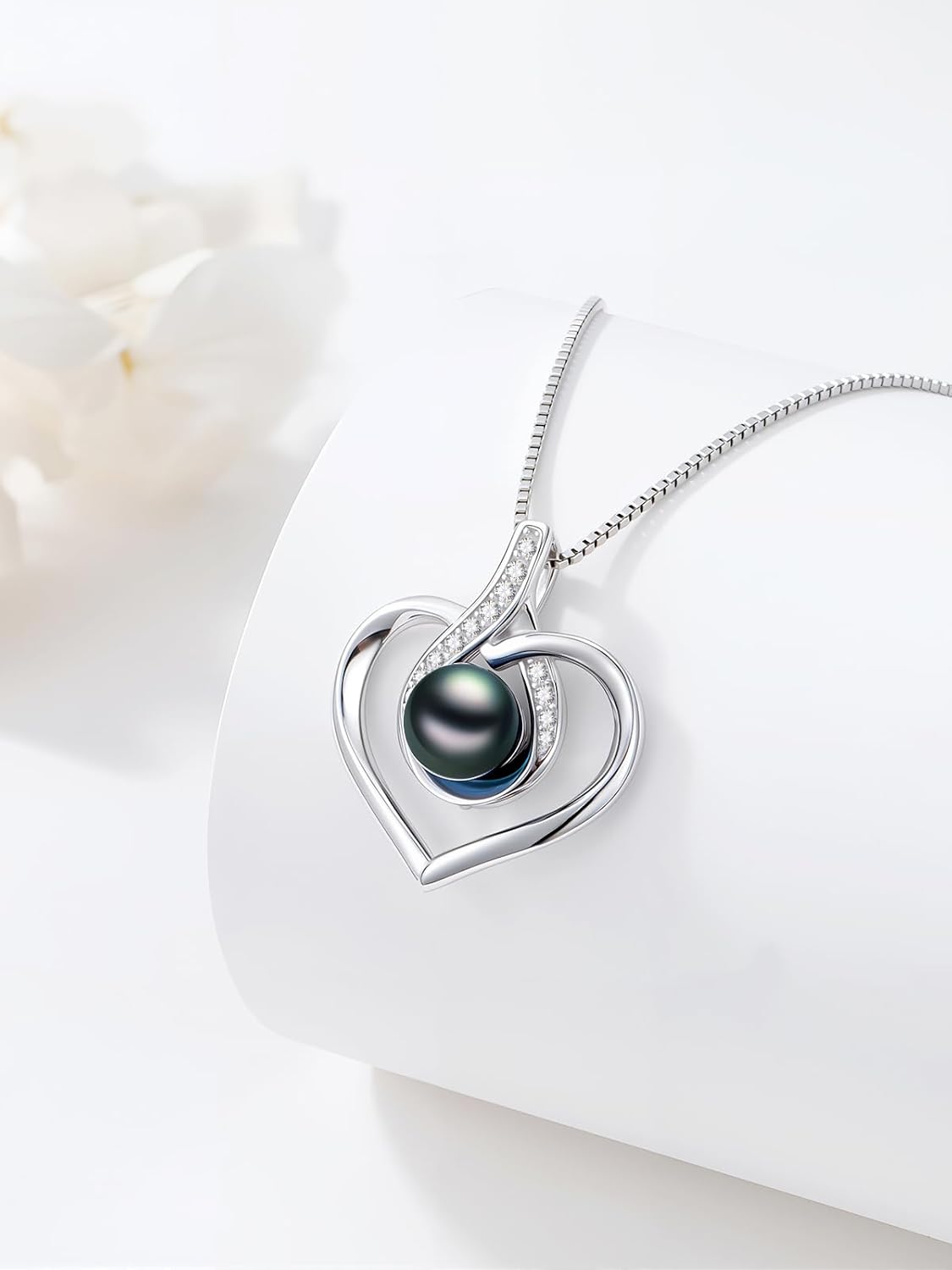 Tahitian Black Pearl AAAA 18K White Gold Plated Sterling Silver Heart Pendant Necklace for Women Wife Mom Girlfriend Valentine Her Jewelry Gift for Anniversary Birthday Christmas - Image 4
