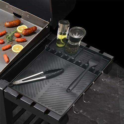 Silicone Griddle Tools Mat for Blackstone, Silicone Mat Spatula Mat with Drip Pad, Silicone Grill Side Shelf Mat for Blackstone, Silicone Utensil Rest/Holder for BBQ Tools (Black 1 Pack)