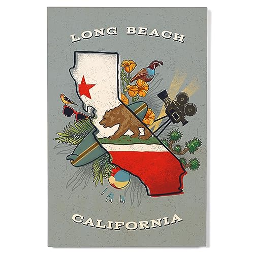 Lantern Press 12x18 Inch Premium Wood Sign, Ready to Hang Wall Decor, Long Beach, California, State Treasure Trove, State Series
