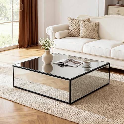 blingworld Modern Mirrored Coffee Table, 40" Square Coffee Table with HD Silver Mirror Panels, Black Metal Frame Accent Table for Living Room, Glam Center Table