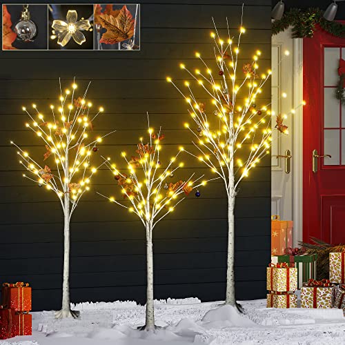 Lamerge 3-Piece Led Festival Tree 4Ft 5Ft 6Ft, Warm White Light Cherry Blossom Lighted Tree With Hanging Ornaments, Bendable Branch Tree Set Of 3 For Home, Office, Party, Wedding Decor #TOP22