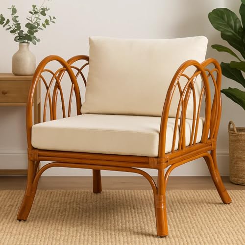 Image of Single Seater Accent Chair for Living Room | Wooden Armchair with Cushion for Bedroom, Hall, Balcony | Comfortable Lounge Chair for Home Furniture | Modern Sofa Chair for Indoor Use