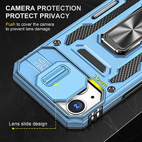 Image of Polycarbonate Slide Camera Cover with Ring Holder Mobile Phone Back Cover for iPhone 14 (Blue)